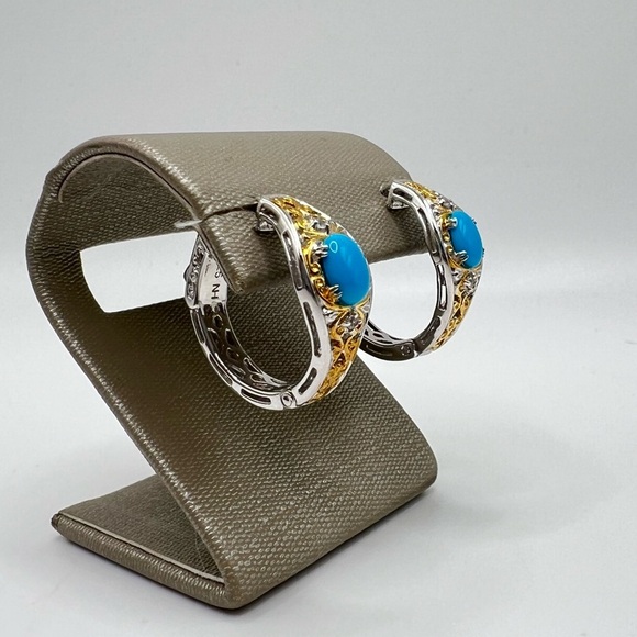 Gems en Vogue Sleeping Beauty Turquoise & White Sapphire Hoop Earrings - Picture 4 of 5